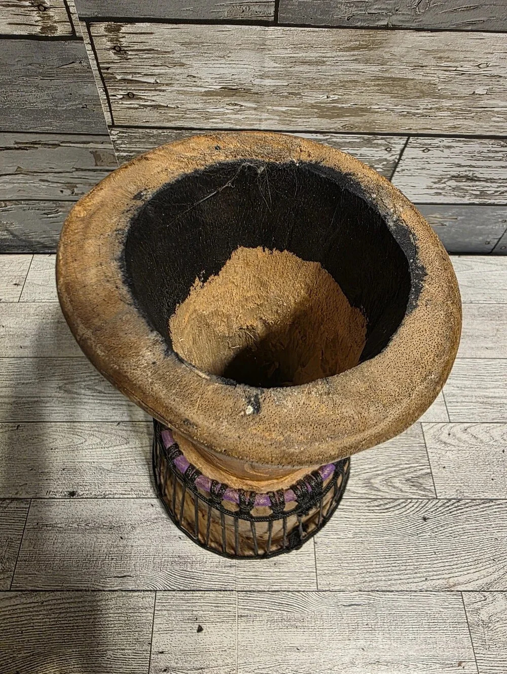 Hand-Carved African Djembe Drum with Natural and Purple Accents